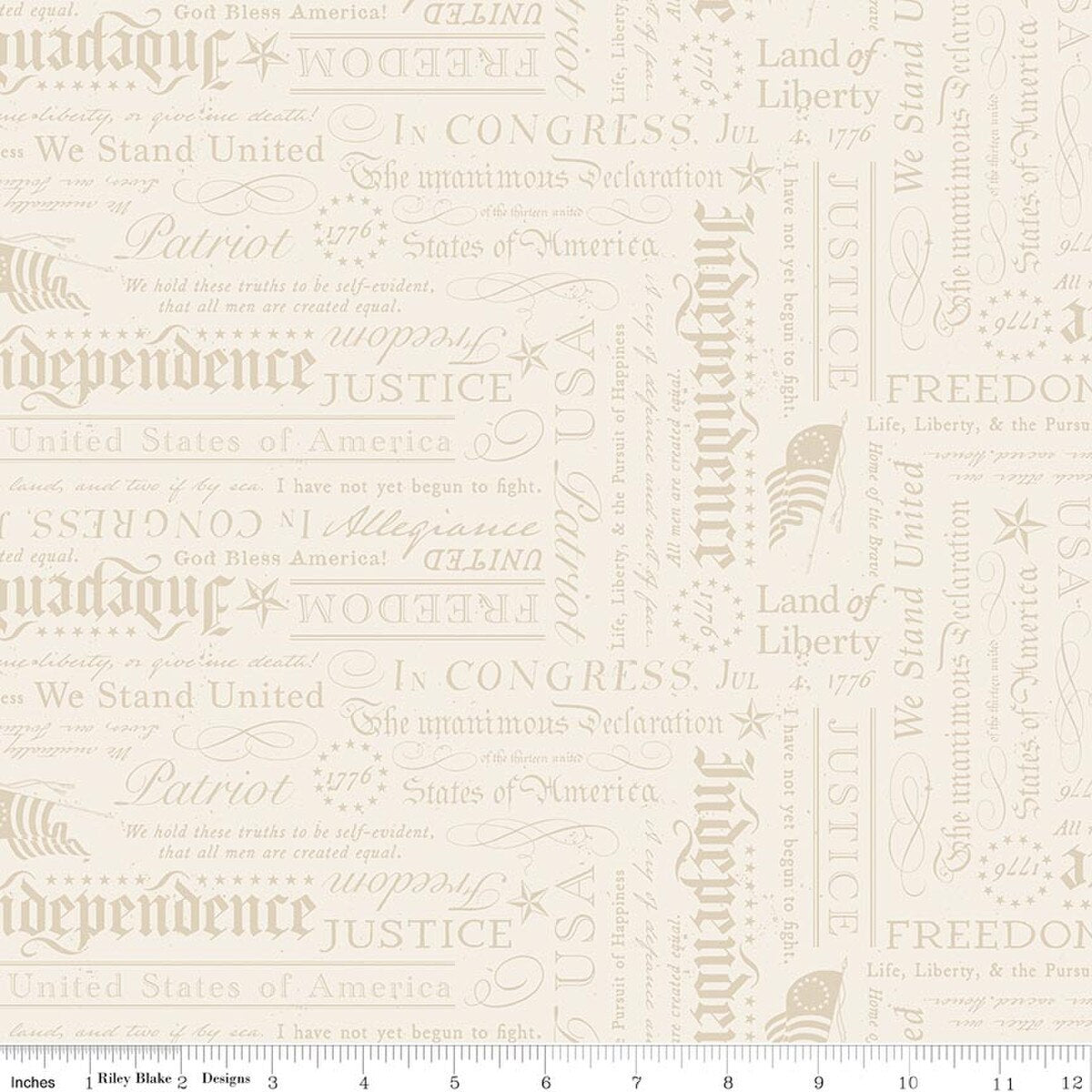 A close-up of a repeating fabric pattern featuring vintage American-themed typography with words like 'Independence,' 'Liberty,' 'Justice,' 'Patriot,' and 'We Stand United' in muted beige and taupe tones on a warm off-white background.