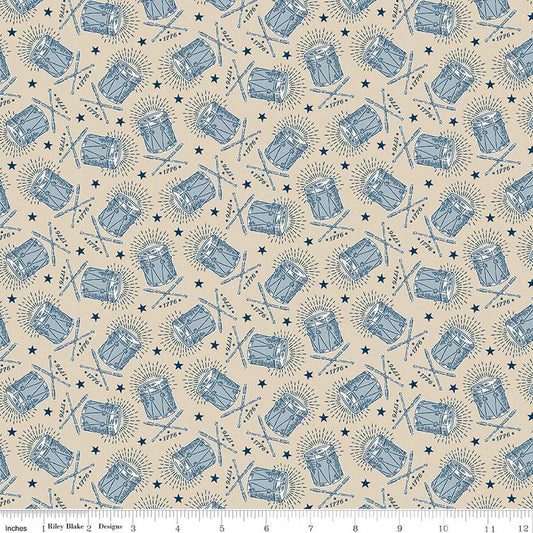 Pattern of blue drums and drumsticks on a beige background 