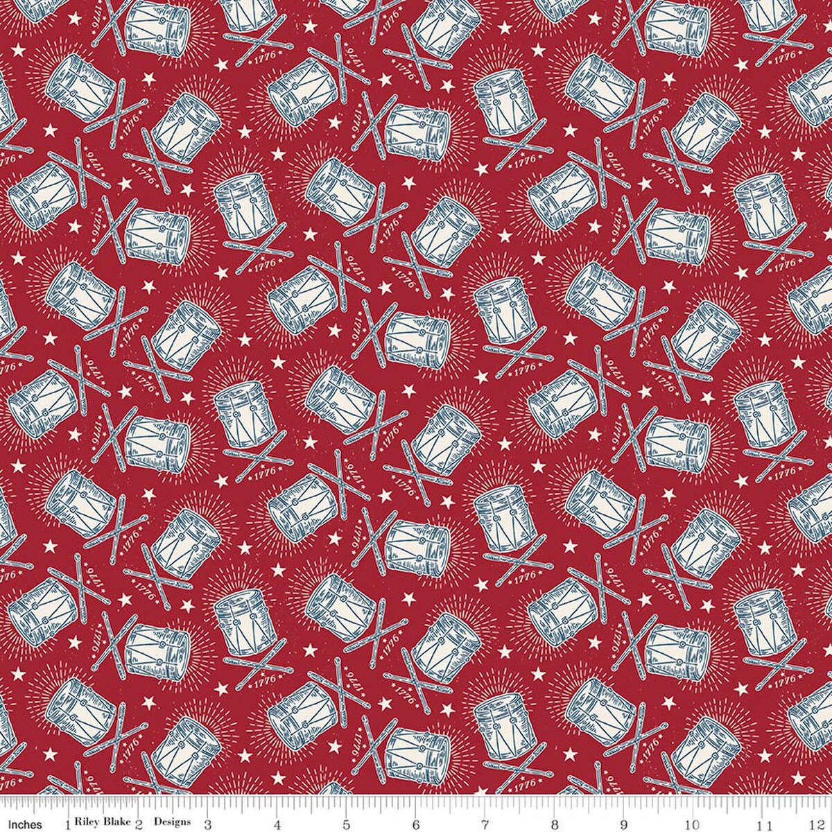 Pattern of drums and drumsticks on a red background 