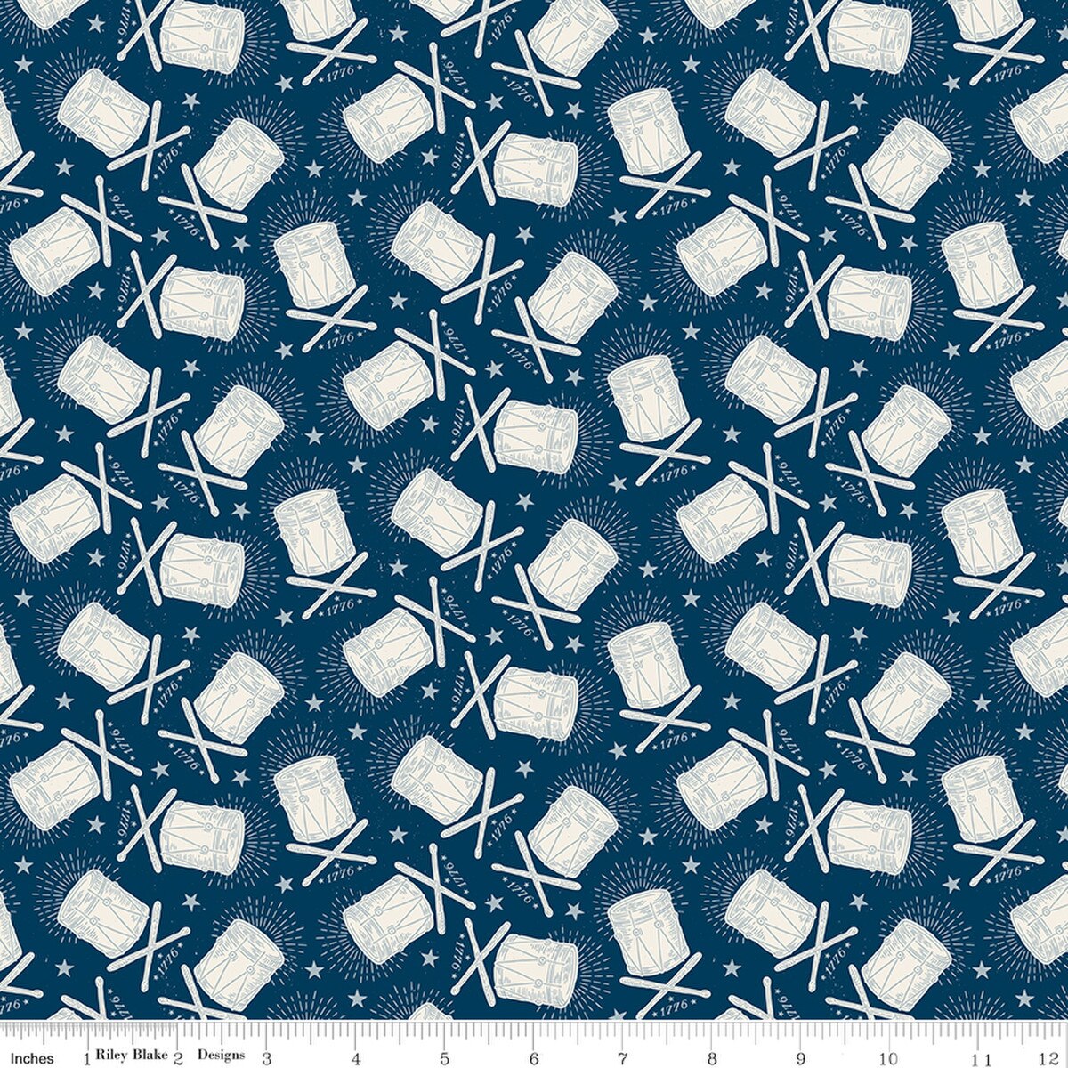 Pattern of drums and drumsticks on a blue background 
