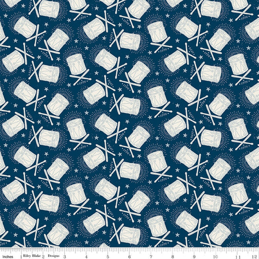 Pattern of drums and drumsticks on a blue background 