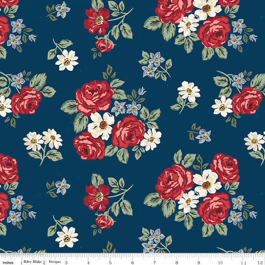 Floral pattern with red roses and white flowers on a blue background