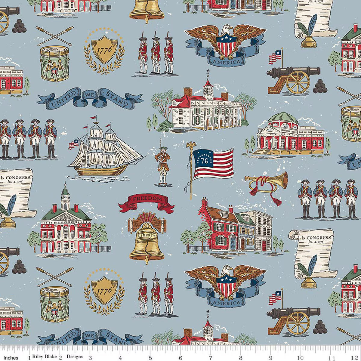 A repeating fabric pattern on a light blue background featuring historical American motifs including the Liberty Bell, American flags, eagles, cannons, ships, buildings, and figures