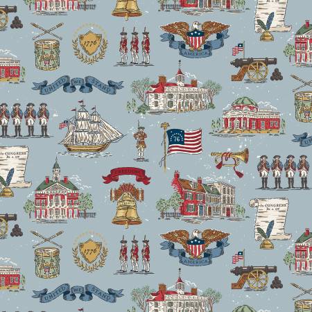  This print features images from colonial America and commemorates the 250th anniversary of the signing of the Declaration of Independence
