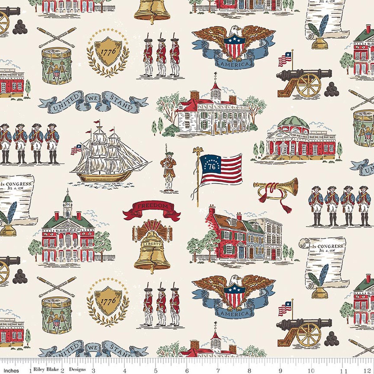A repeating fabric pattern featuring American Revolutionary-themed illustrations including colonial houses, ships, cannons, soldiers, eagles, flags, and banners on a warm cream background