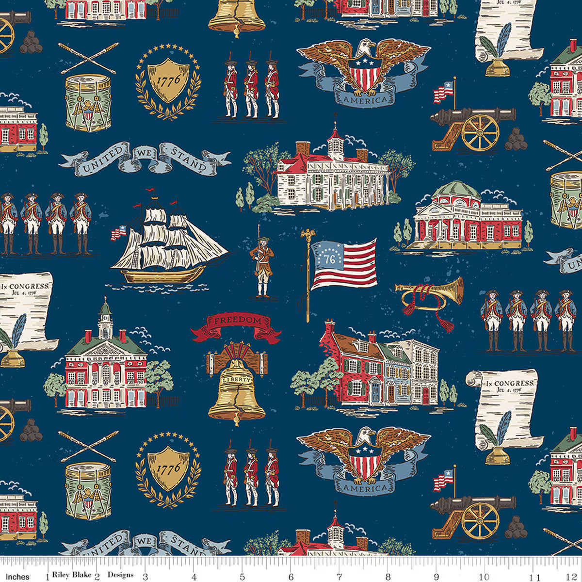 A repeating fabric pattern on a dark navy blue background featuring historical American motifs including the Liberty Bell, American flags, eagles, cannons, ships, buildings, and figures