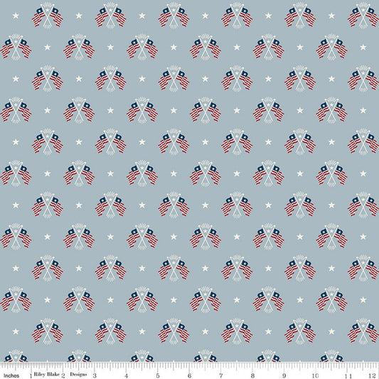 Pattern of crossed American flags and stars on a light blue background