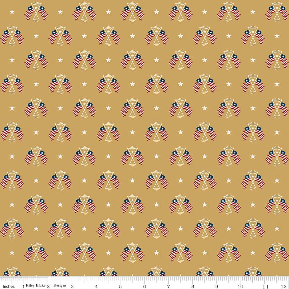 Pattern of dual American flags on a gold  background with stars.