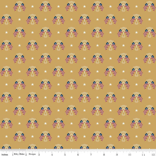 Pattern of dual American flags on a gold  background with stars.