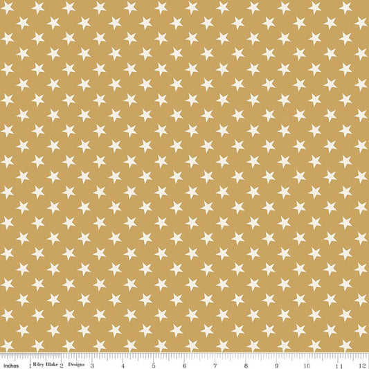 A repeating pattern of small white five-pointed stars on a gold background 