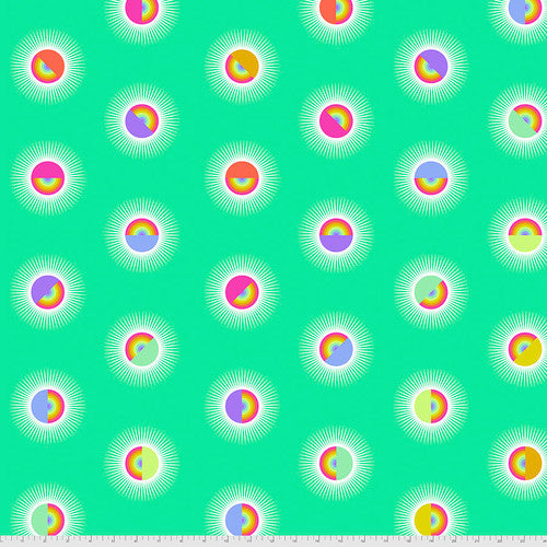 Saturdaze Lagoon 100% Cotton Sateen 108" wide quilt backing material featuring half rainbow circles on a green background. 