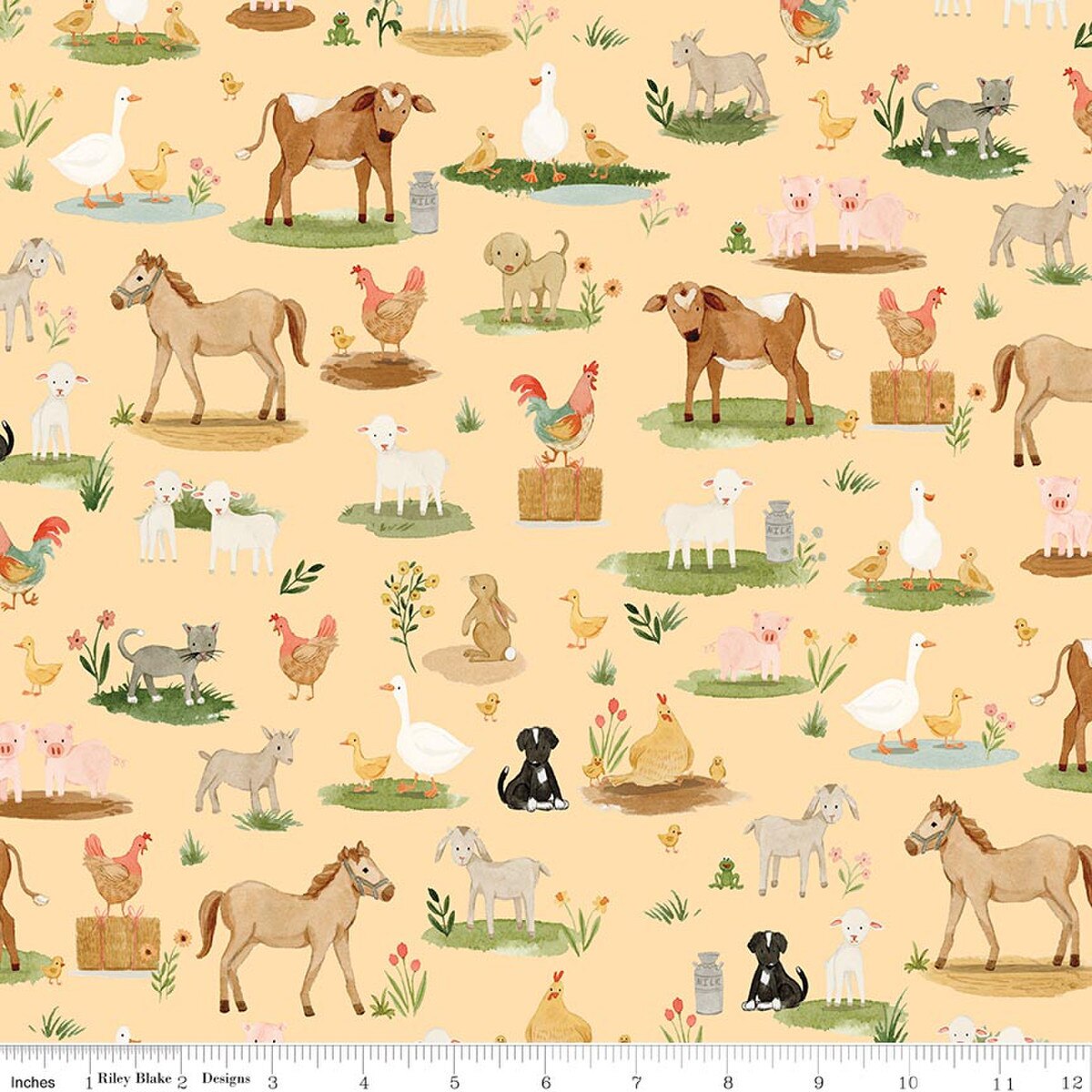 This print features farm animals, such as horses, sheep, ducks, cows, pigs, and more.