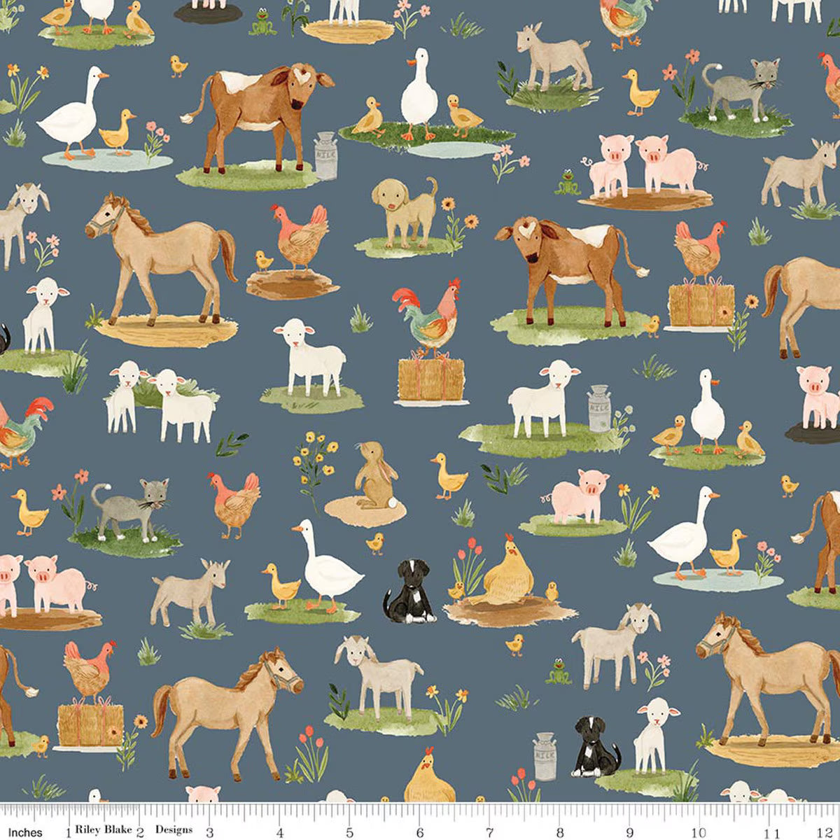 This print features farm animals, such as horses, sheep, ducks, cows, pigs, and more.