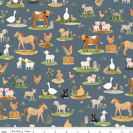 This print features farm animals, such as horses, sheep, ducks, cows, pigs, and more.