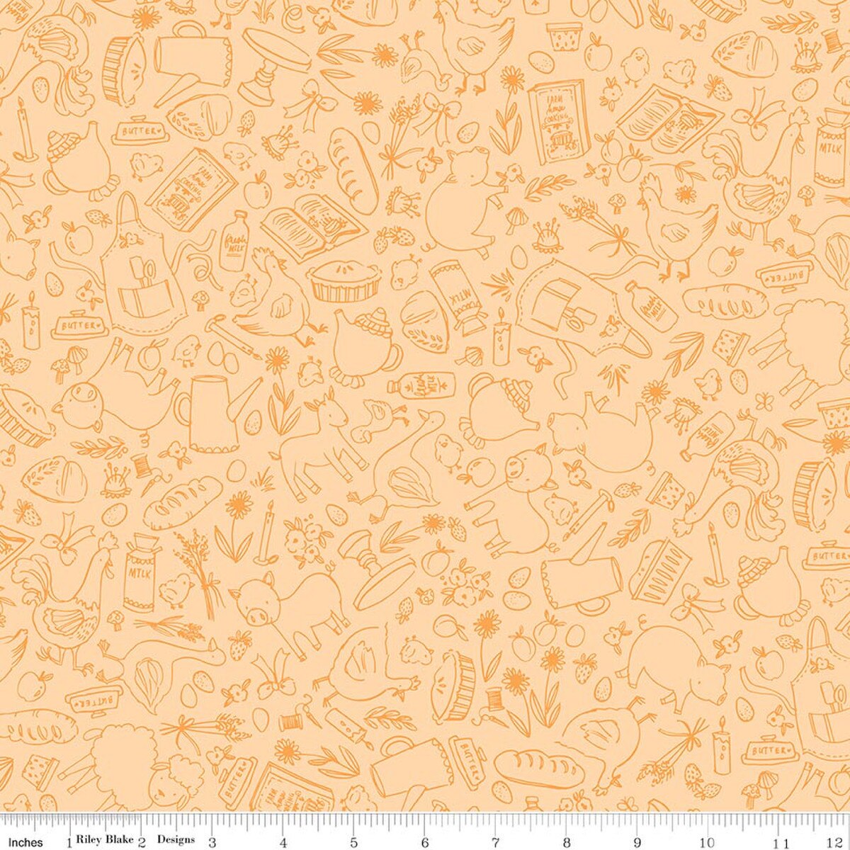 This print features outlined farm life-themed icons, such as chickens, flowers, baked bread, eggs, milk, and more