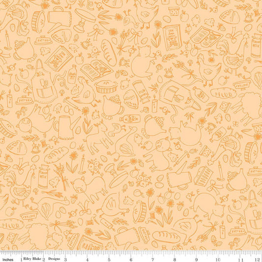 This print features outlined farm life-themed icons, such as chickens, flowers, baked bread, eggs, milk, and more