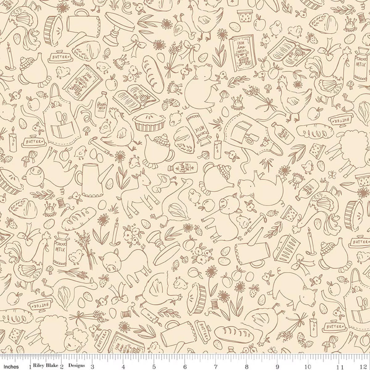 This print features outlined farm life-themed icons, such as chickens, flowers, baked bread, eggs, milk, and more