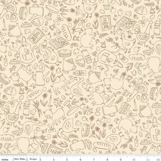 This print features outlined farm life-themed icons, such as chickens, flowers, baked bread, eggs, milk, and more
