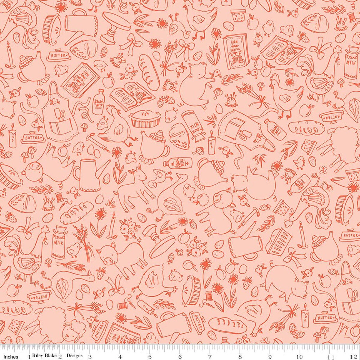 Patterned fabric with red  farm illustrations on a pink background