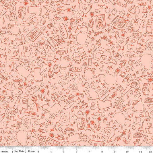Patterned fabric with red  farm illustrations on a pink background