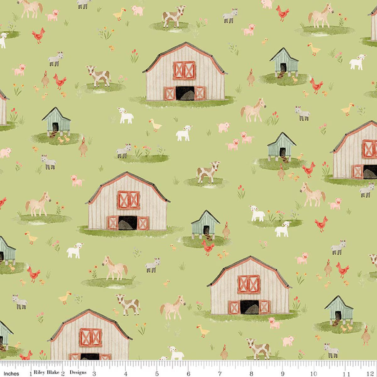Farm-themed fabric pattern with barns, animals, and greenery on a green background.