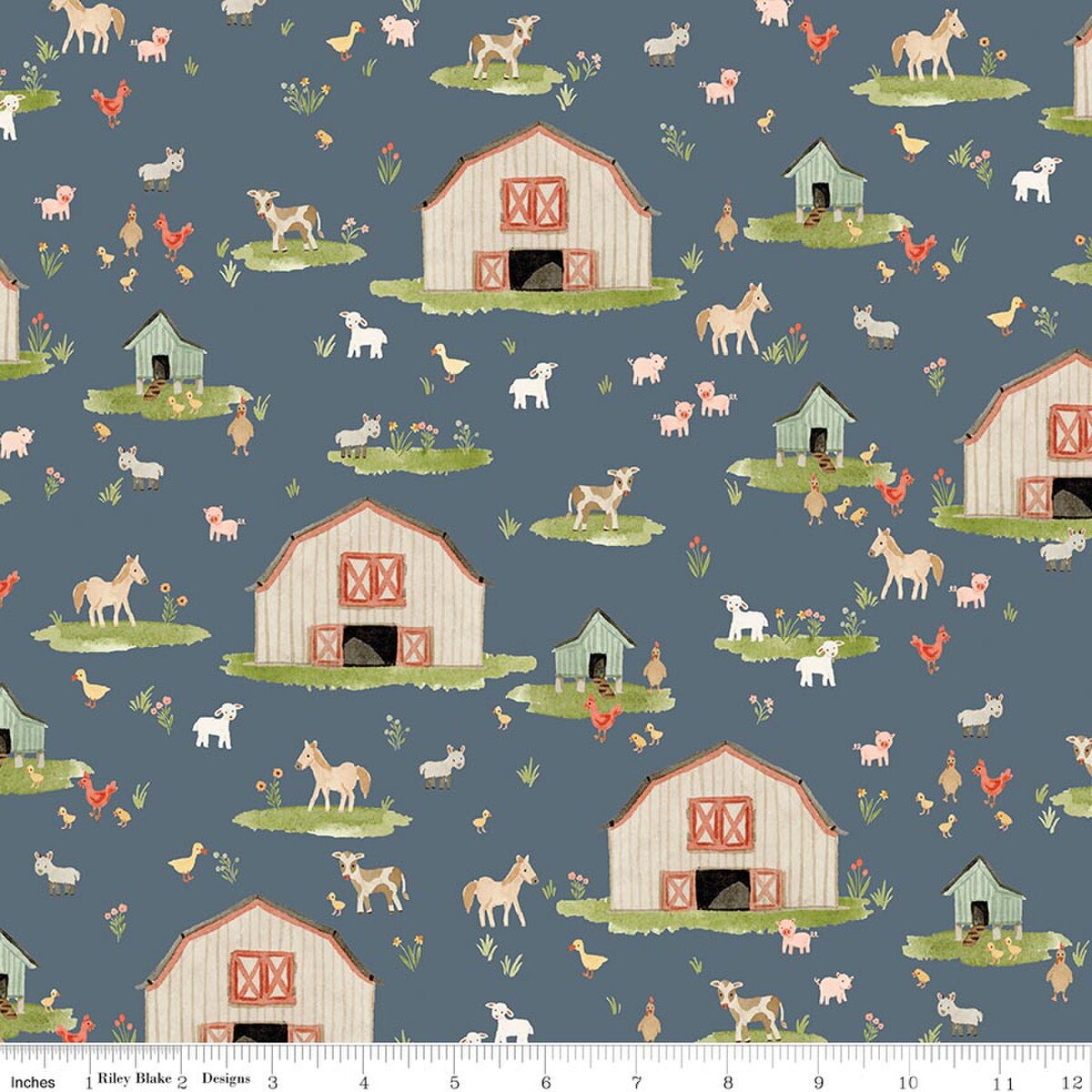 Farm-themed fabric pattern with barns, animals, and greenery on a blue background.