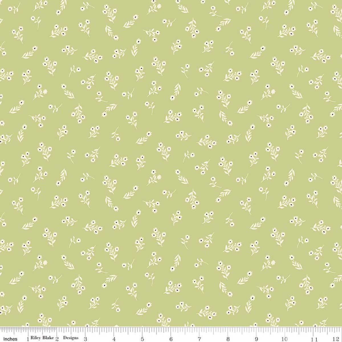 A repeating fabric pattern of small white flowers and leaves on a light olive green background