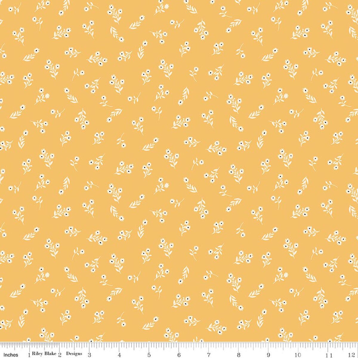 A repeating fabric pattern of small white flowers and leaves on a warm mustard-yellow background