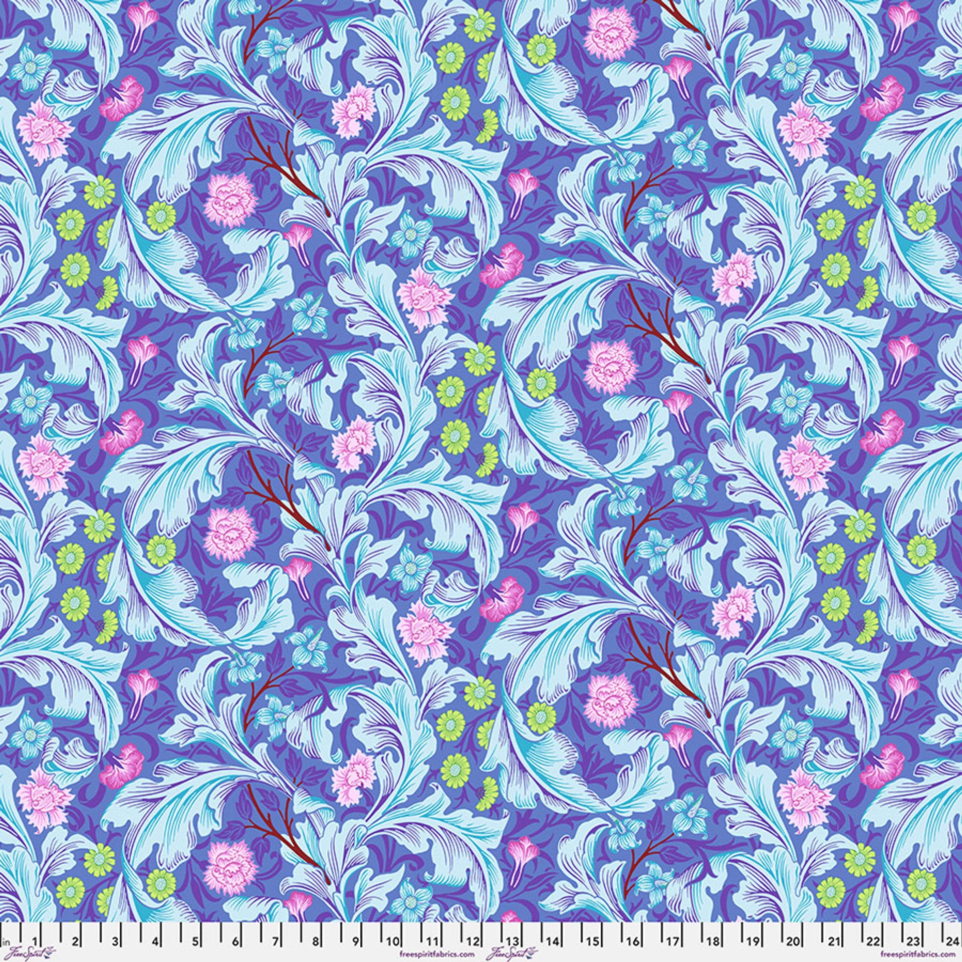 Floral pattern fabric with blue, pink, and green colors on a blue background