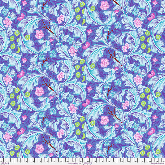 Floral pattern fabric with blue, pink, and green colors on a blue background