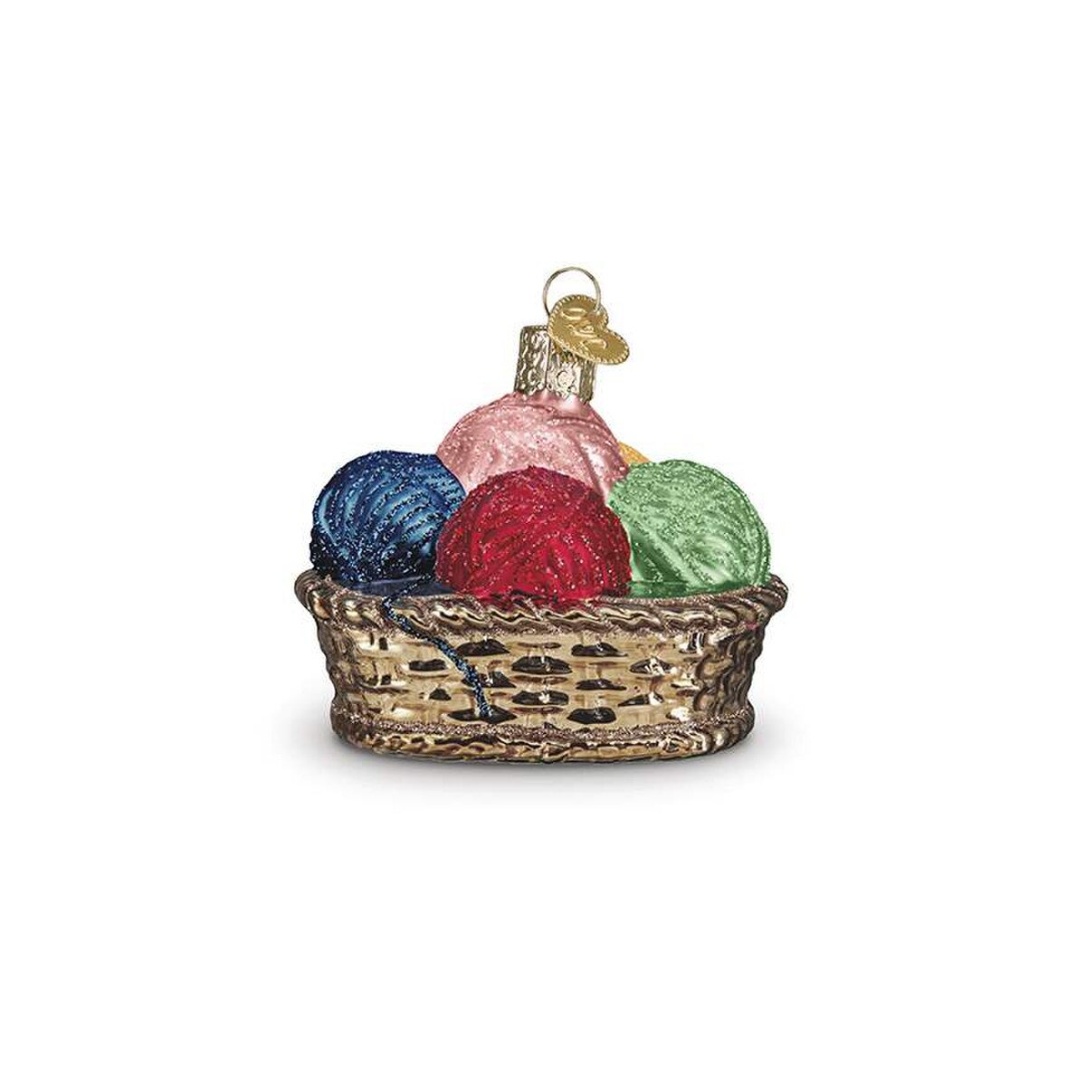 A decorative ornament shaped like a woven basket filled with colorful yarn balls in blue, pink, red, and green, topped with a small gold bird figure and hanging loop.