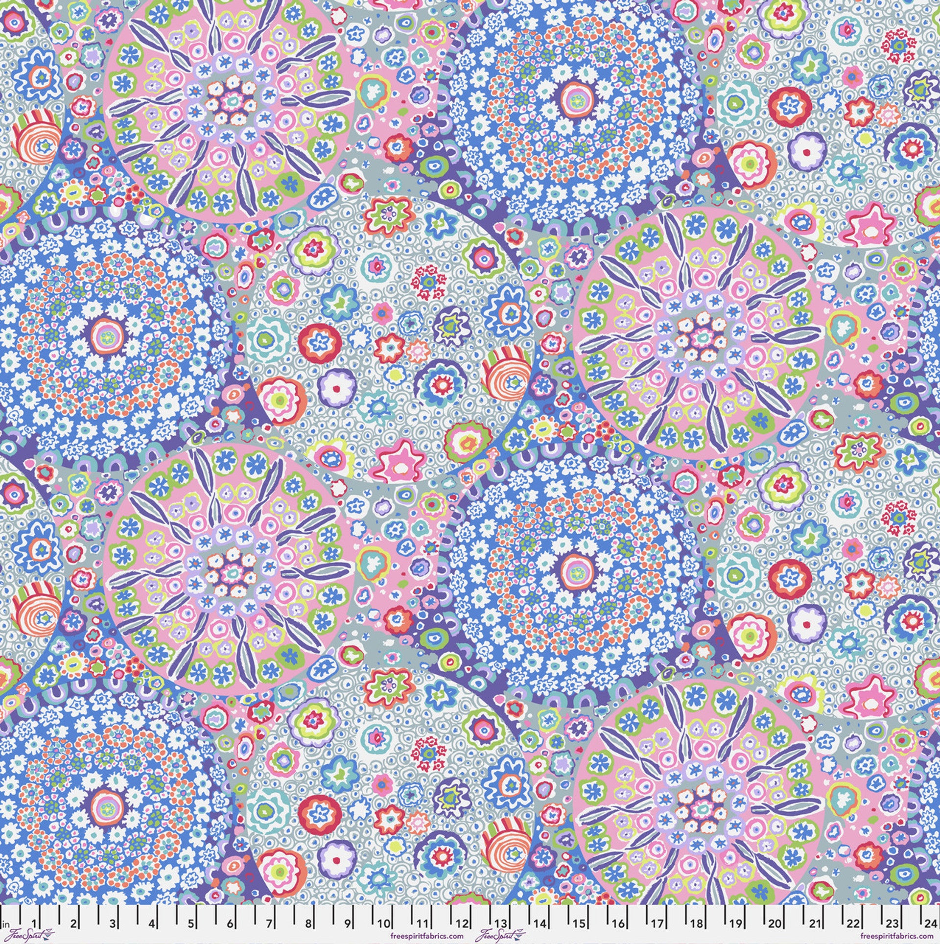 Colorful floral and geometric patterned fabric.