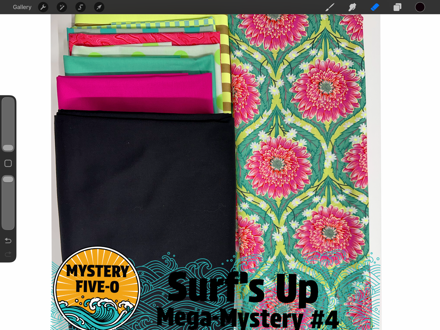 The stunning floral focal fabric showcases oversized blossoms in brilliant shades of pink set against rich teal foliage, coordinating fabrics in vivid turquoise, lime green, fuchsia, and crisp black add striking contrast and modern flair, while playful dots, stripes, and geometric prints bring movement and excitement to every clue.