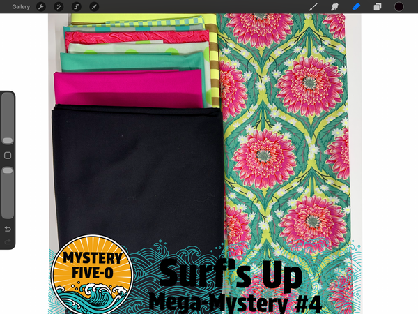 The stunning floral focal fabric showcases oversized blossoms in brilliant shades of pink set against rich teal foliage, coordinating fabrics in vivid turquoise, lime green, fuchsia, and crisp black add striking contrast and modern flair, while playful dots, stripes, and geometric prints bring movement and excitement to every clue.