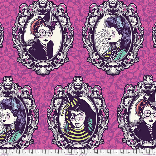  decorative frames and stylized portraits on a pink background