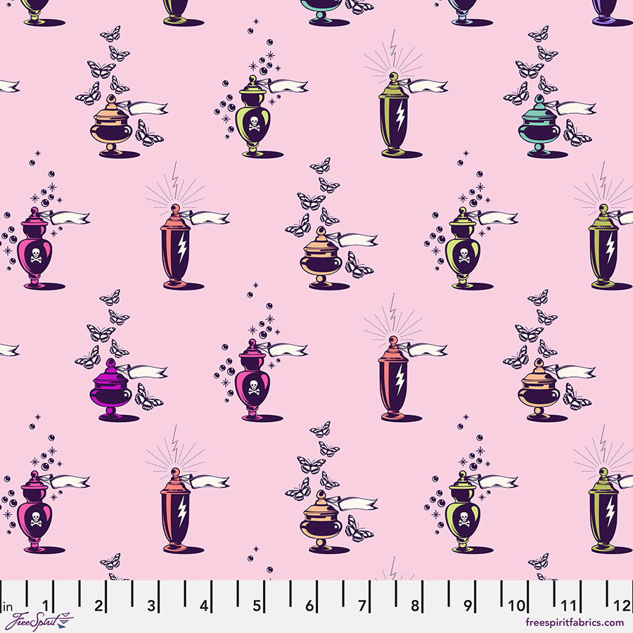 Pattern of decorative urns and butterflies on a pink background with a ruler at the bottom.