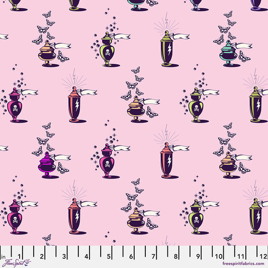 Pattern of decorative urns and butterflies on a pink background with a ruler at the bottom.