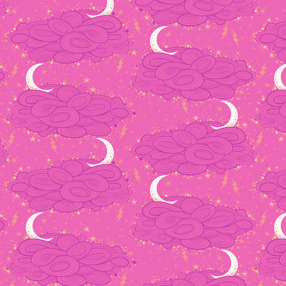 Pattern of pink cloud shapes and crescent moons on a pink background
