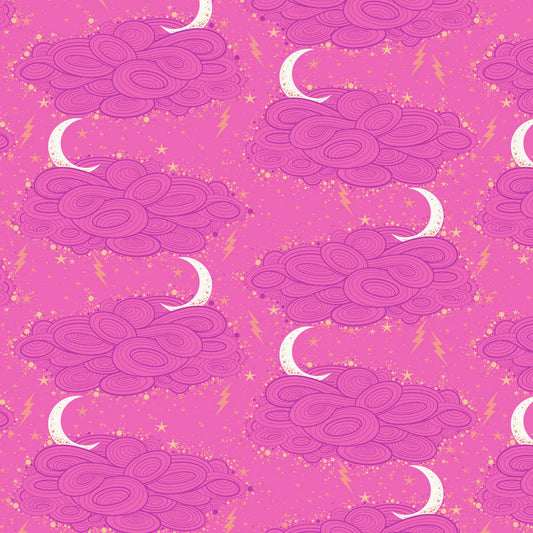 Pattern of pink cloud shapes and crescent moons on a pink background