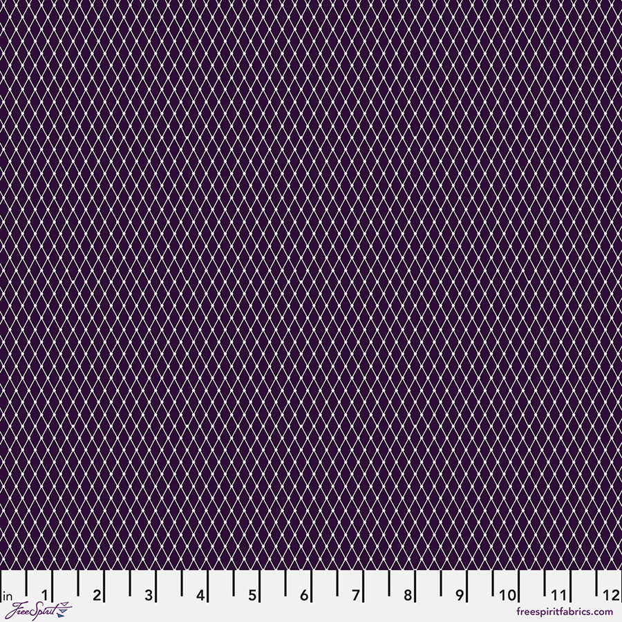 Grid pattern fabric swatch on a purple background with a ruler at the bottom.