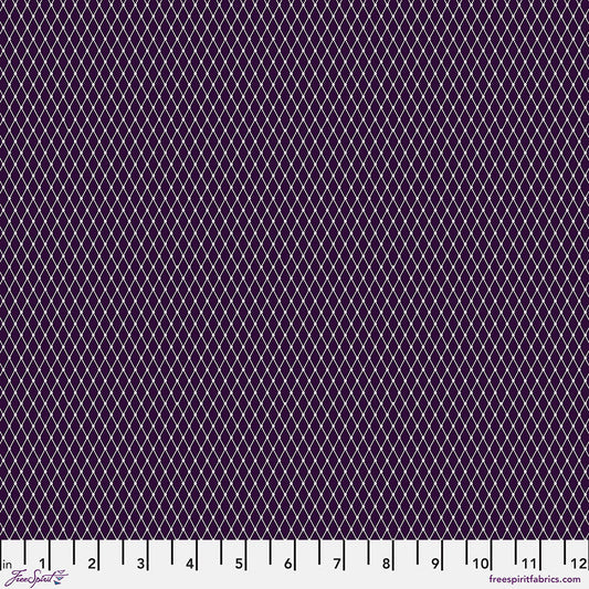Grid pattern fabric swatch on a purple background with a ruler at the bottom.