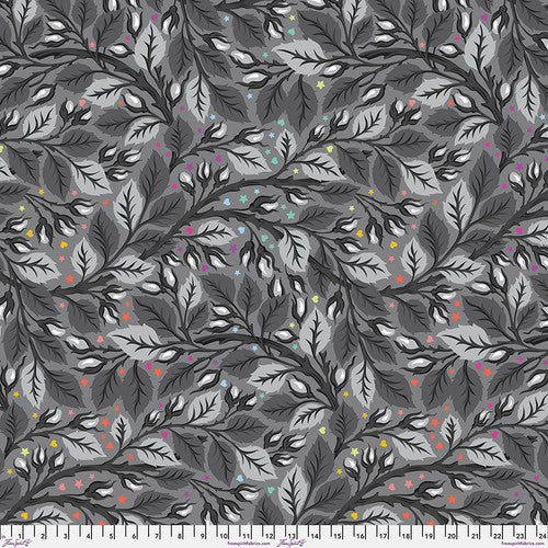 Floral pattern fabric with leaves and flowers on a dark gray background