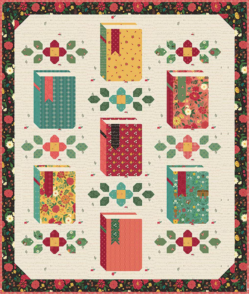 A quilt pattern or fabric design featuring stylized books and floral motifs arranged between the books with a  border. 