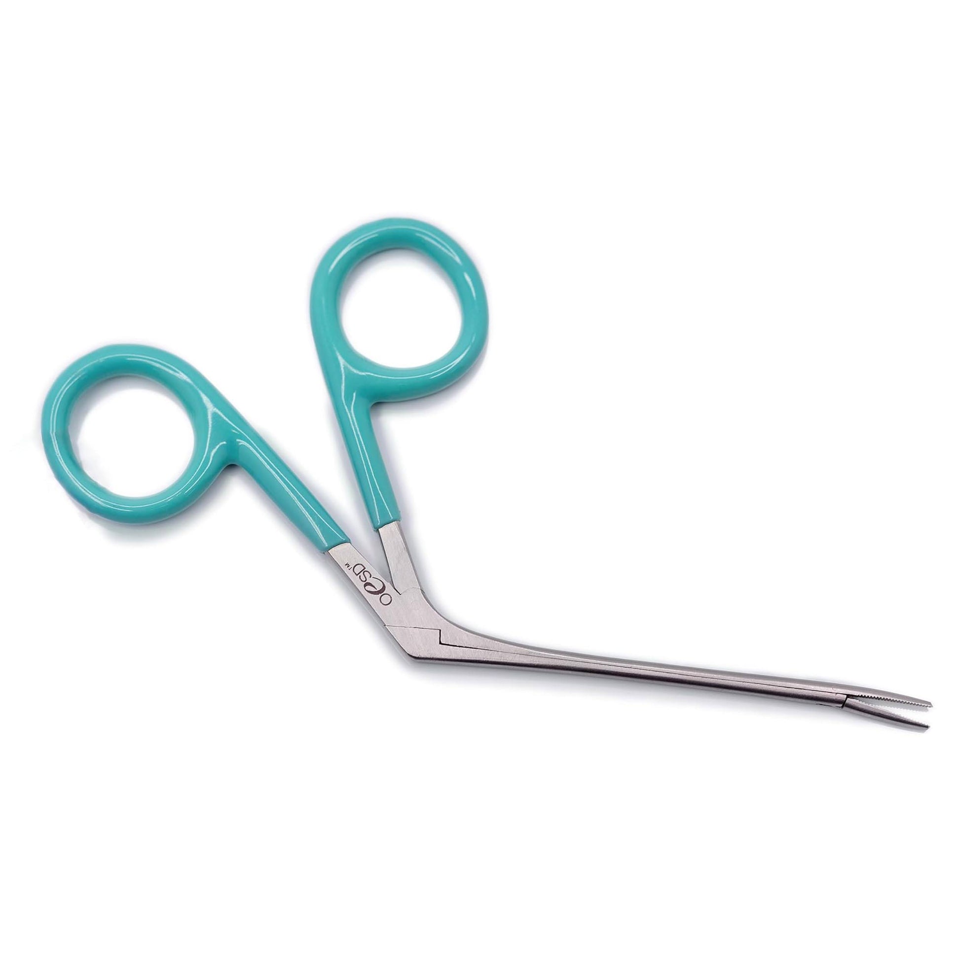 Teal-handled scissors on a white background