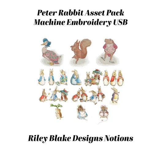Digital preview of a machine embroidery asset pack featuring Peter Rabbit characters, with text reading 'Peter Rabbit Asset Pack Machine Embroidery USB' and 'Riley Blake Designs Notions' on a white background.