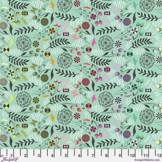Floral and leaf pattern on a teal background.