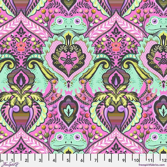 Colorful frog, bee and patterned fabric with geometric shapes and vibrant colors, displayed on a pink background.