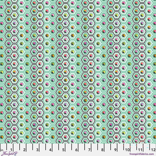 Colorful boxes inside hexagon checkered pattern on an aqua background