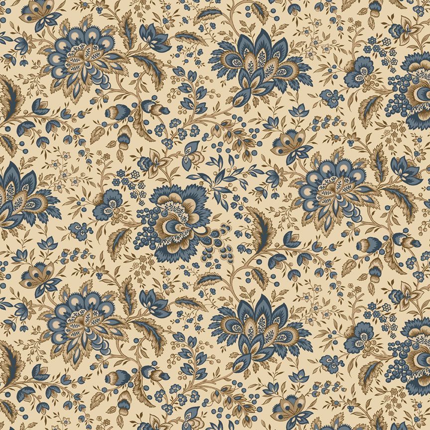 Floral pattern with blue and beige flowers on a beige background