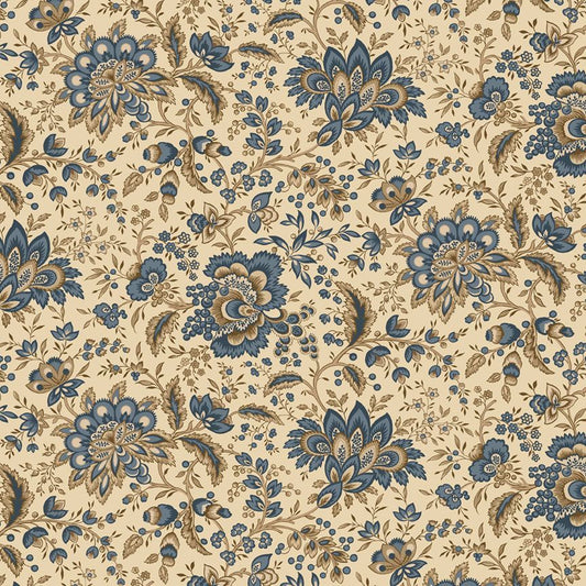Floral pattern with blue and beige flowers on a beige background